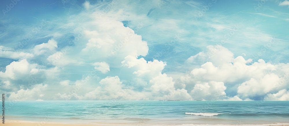 A serene tropical beach scene with a vivid blue sky, fluffy white clouds, and a textured background. Perfect for a summer vacation or travel-related design project, featuring a vintage color scheme A serene tropical beach scene with a vivid blue sky, fluffy white clouds, and a textured background. Perfect for a summer vacation or travel-related design project, featuring a vintage color scheme