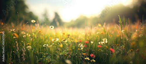 Sunny day in summer meadow showcasing close-up wildflowers, creating a beautiful rural landscape. Ideal for nature-themed design projects with a blurry background for copy space image.