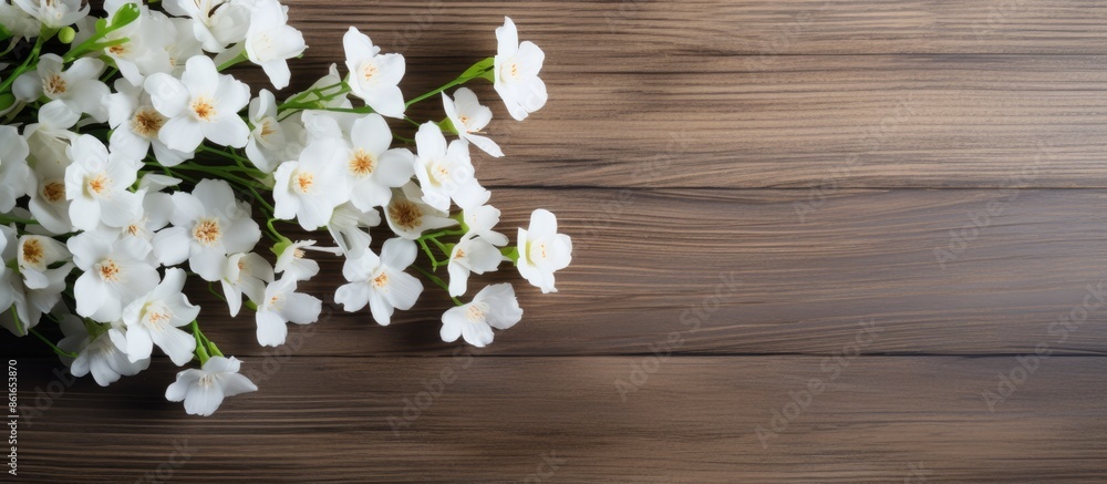 Wooden surface with white flowers arranged for use as a background in a copy space image. Wooden surface with white flowers arranged for use as a background in a copy space image.