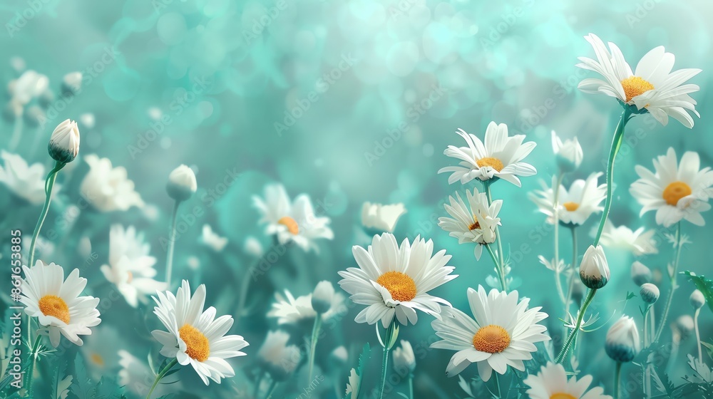 Design a template showcasing a garden of daisies, with significant copy space and professional color schemes. Design a template showcasing a garden of daisies, with significant copy space and professional color schemes.