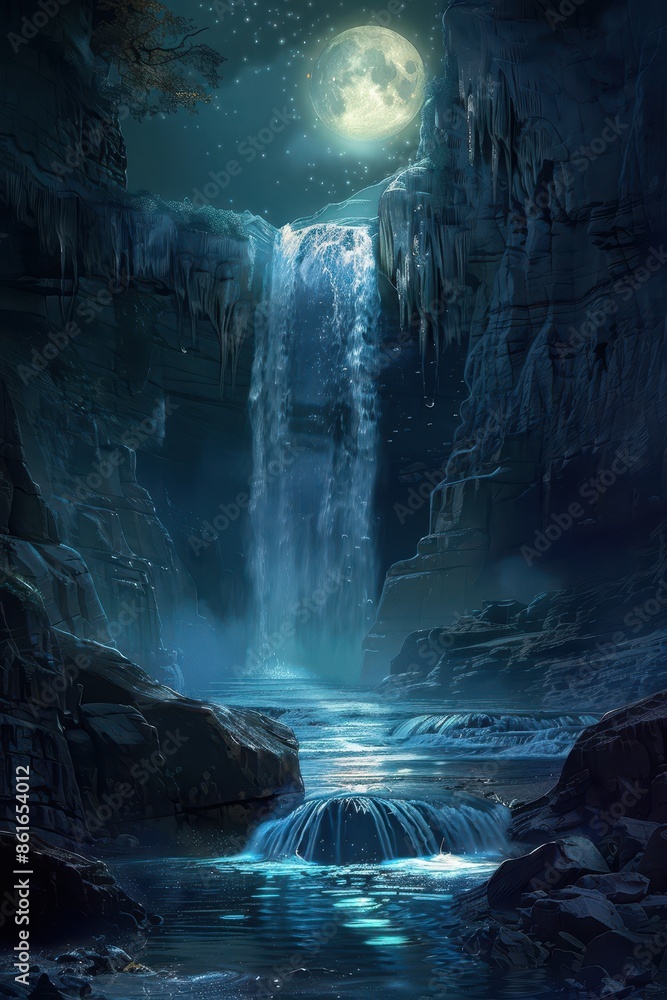 Mystical night scene of a serene waterfall Mystical night scene of a serene waterfall