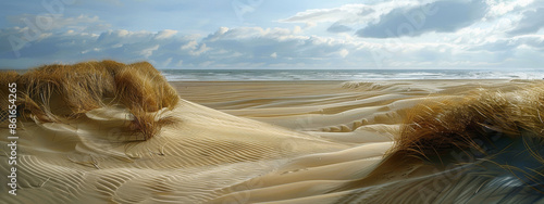 A tranquil coastal dune system, with shifting sands sculpted by the wind into delicate ripples and dunes, dotted with hardy beach grasses