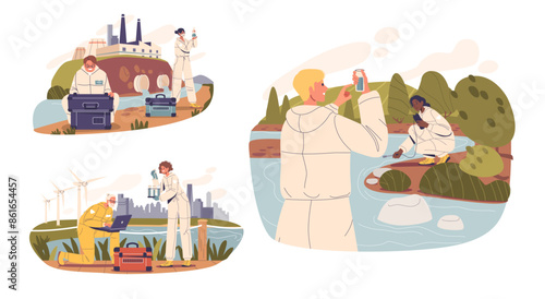 Scientists Collecting Water Samples From Various Environments Including Industrial, Urban And Natural Settings, Vector