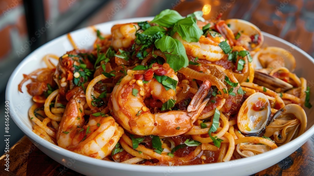 Gourmet seafood drunken spaghetti with a medley of shrimp, squid, clams, and chili Gourmet seafood drunken spaghetti with a medley of shrimp, squid, clams, and chili