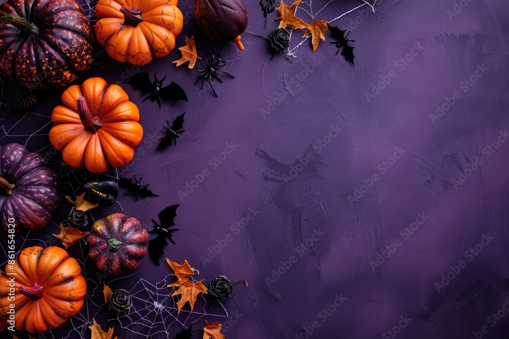 Halloween pumpkins and autumn leaves on a purple background with a spooky atmosphere, perfect for festive and seasonal designs. Halloween pumpkins and autumn leaves on a purple background with a spooky atmosphere, perfect for festive and seasonal designs.