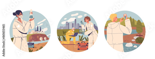 Three Scientists Collect And Analyze Water Samples In Different Outdoor Locations. Isolated Vector Elements Round Icons