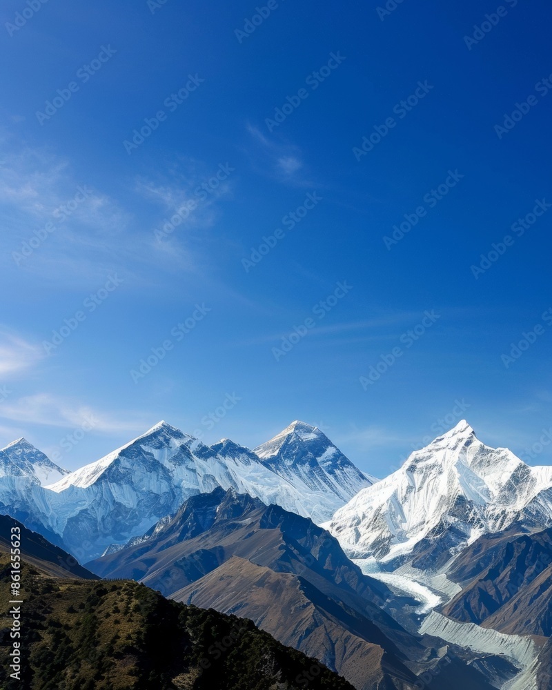 Majestic Morning in the Himalayas Snow-Capped Peaks and Clear Blue Skies Majestic Morning in the Himalayas Snow-Capped Peaks and Clear Blue Skies