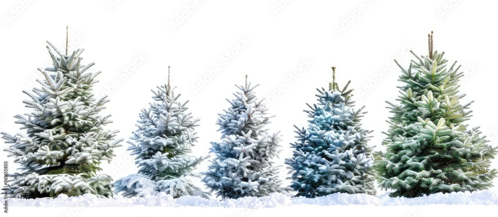 Obraz premium Christmas Tree collage. Christmas Tree in snow isolated over white background. Copy space image. Place for adding text or design
