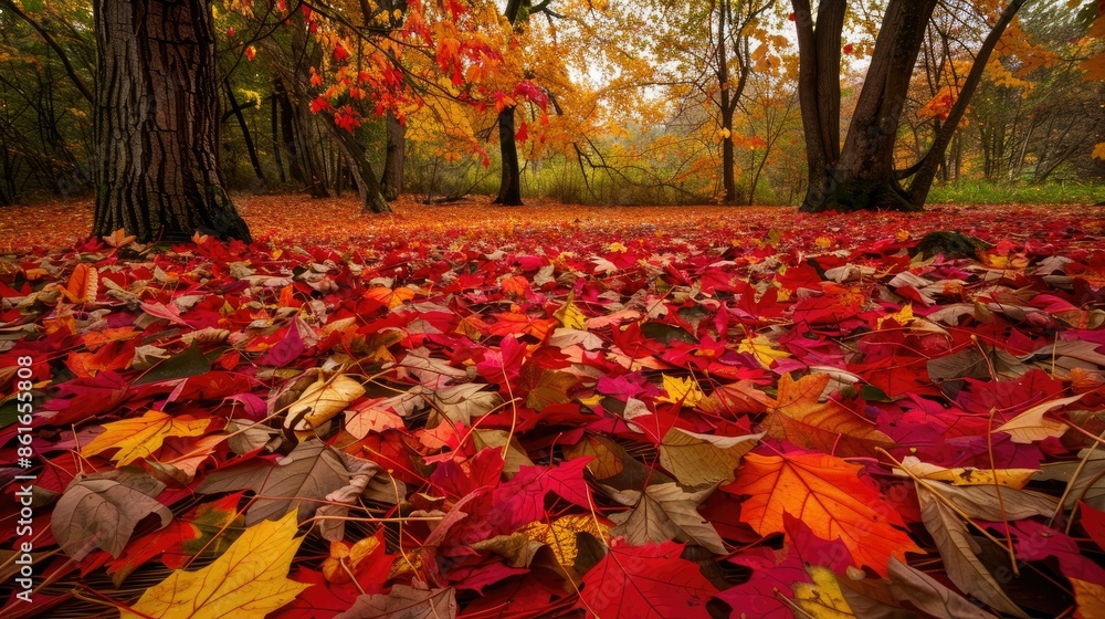 A carpet of vibrant leaves covers the ground beneath the majestic autumn trees AI generated A carpet of vibrant leaves covers the ground beneath the majestic autumn trees AI generated