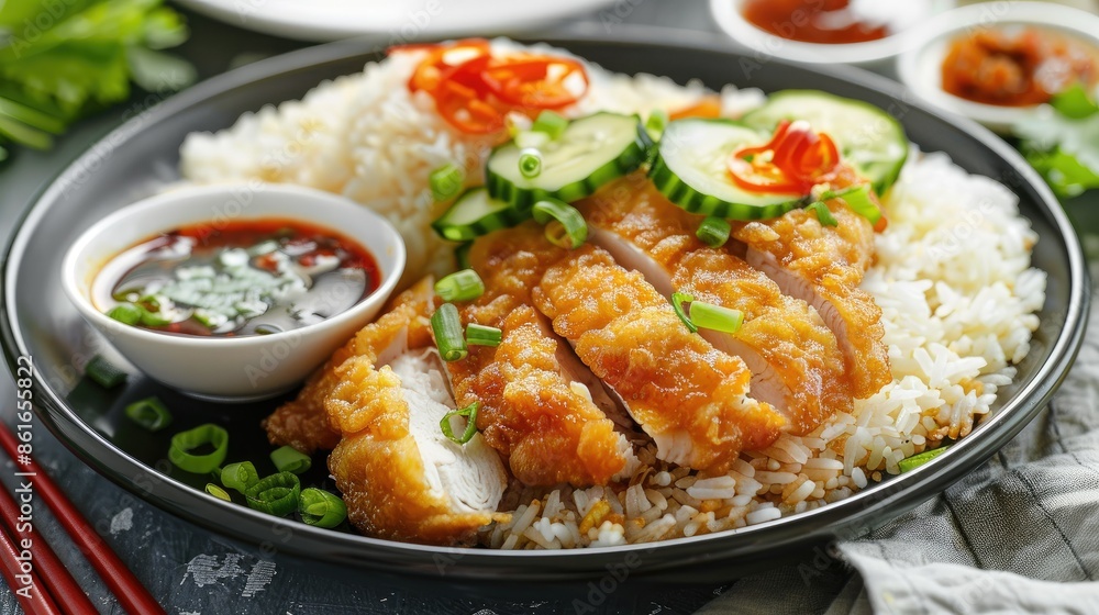 Hearty plate of Hainanese chicken rice with crispy fried chicken, oily rice, and chili sauce Hearty plate of Hainanese chicken rice with crispy fried chicken, oily rice, and chili sauce