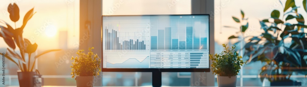 Obraz premium Computer monitor displaying a graph with plants in the foreground and a window in the background.