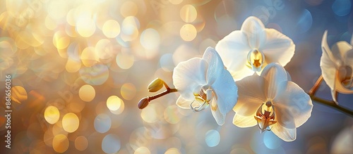 Close-up of a stunning white Phalaenopsis orchid flower with a bokeh background, also called Moth Orchid or Phal, creates a captivating image with copy space.