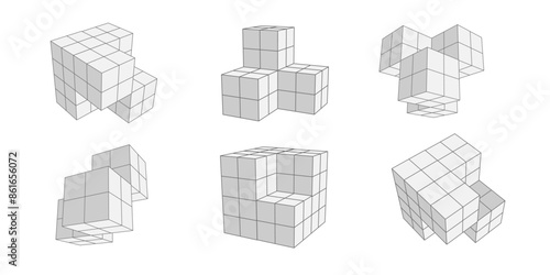 Set of isometric cubes. Isometric drawing on a white background. Blocks Linear geometric pattern. Vector illustration.