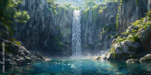 Wallpaper Mural A Stunning Waterfall Cascading into a Serene Pool Surrounded by Lush Greenery and Cliffs Torontodigital.ca