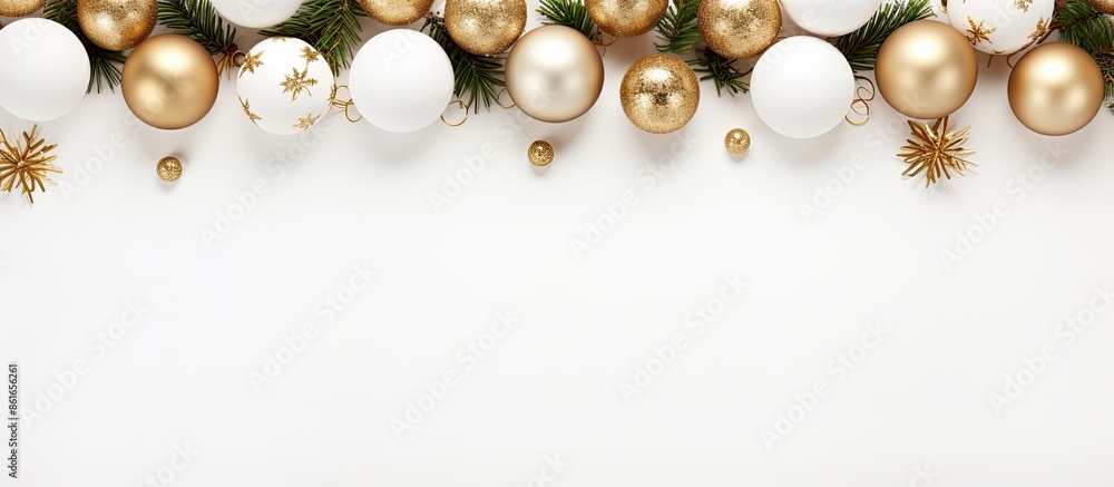 Festive holiday arrangement with white background, featuring Christmas and New Year decorations like balls. Creative concept for winter celebrations, viewed from above with room for text or images