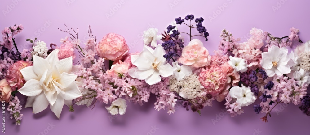 Assortment of pink, white, and purple flowers set against a light purple backdrop, ideal for a copy space image. Assortment of pink, white, and purple flowers set against a light purple backdrop, ideal for a copy space image.