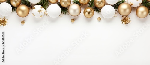 Obraz na płótnie Festive holiday arrangement with white background, featuring Christmas and New Year decorations like balls. Creative concept for winter celebrations, viewed from above with room for text or images w salonie