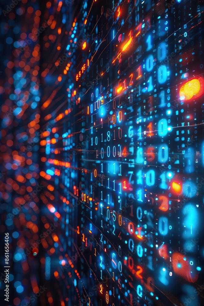 Digital binary data in blue, computer screen background, illuminated numbers, high resolution, techfocused, vivid and detailed, generative AI Digital binary data in blue, computer screen background, illuminated numbers, high resolution, techfocused, vivid and detailed, generative AI