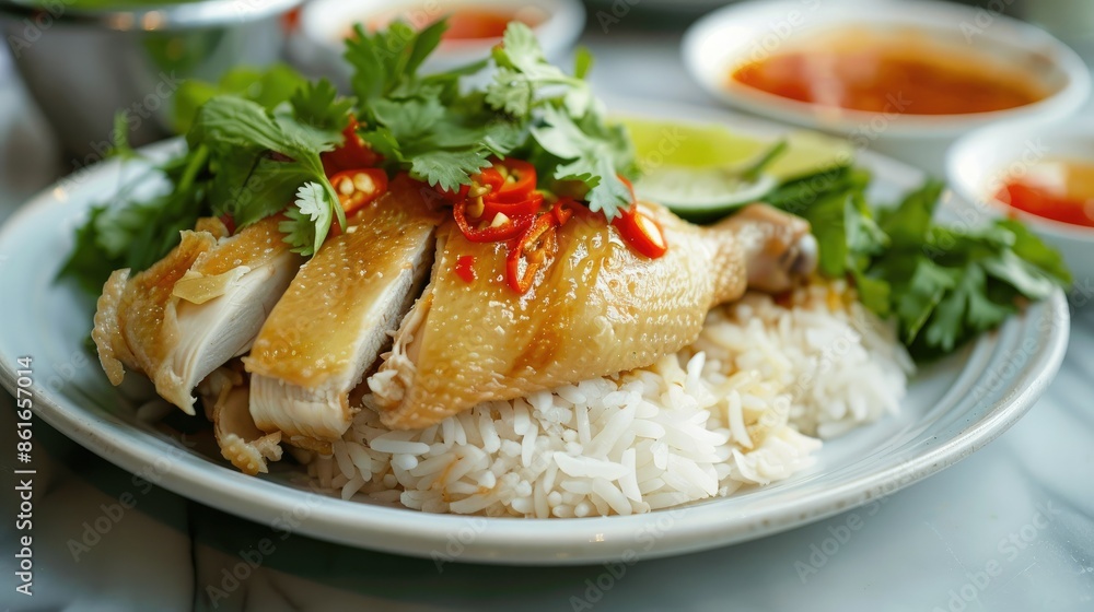 Plate of Hainanese chicken rice with crispy fried chicken, garnished with cilantro and chili sauce Plate of Hainanese chicken rice with crispy fried chicken, garnished with cilantro and chili sauce