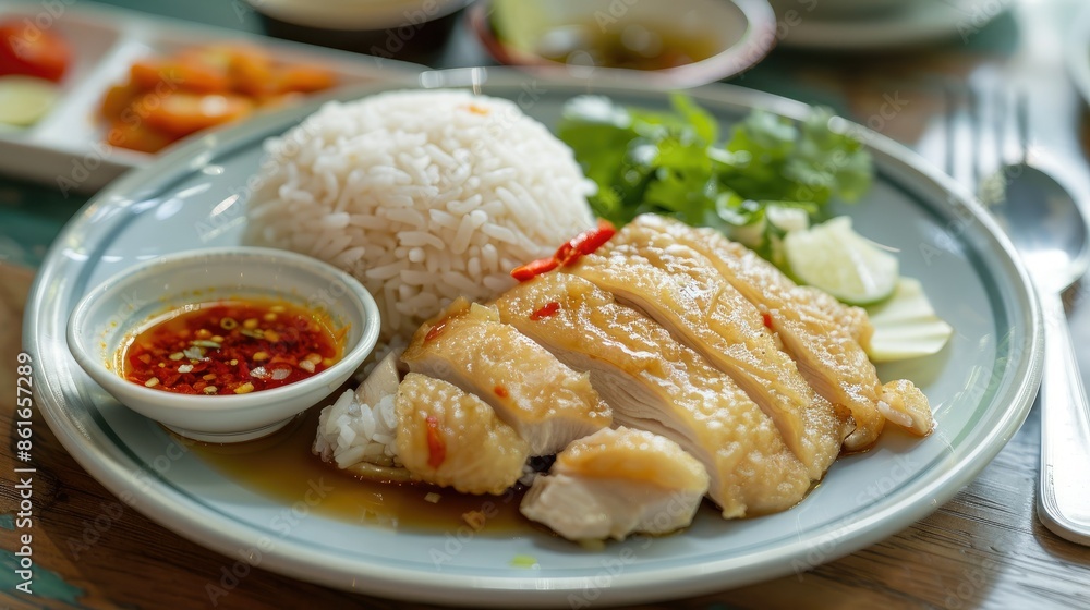 Plate of Hainanese chicken rice with fried chicken, served with fragrant oily rice and chili sauce Plate of Hainanese chicken rice with fried chicken, served with fragrant oily rice and chili sauce