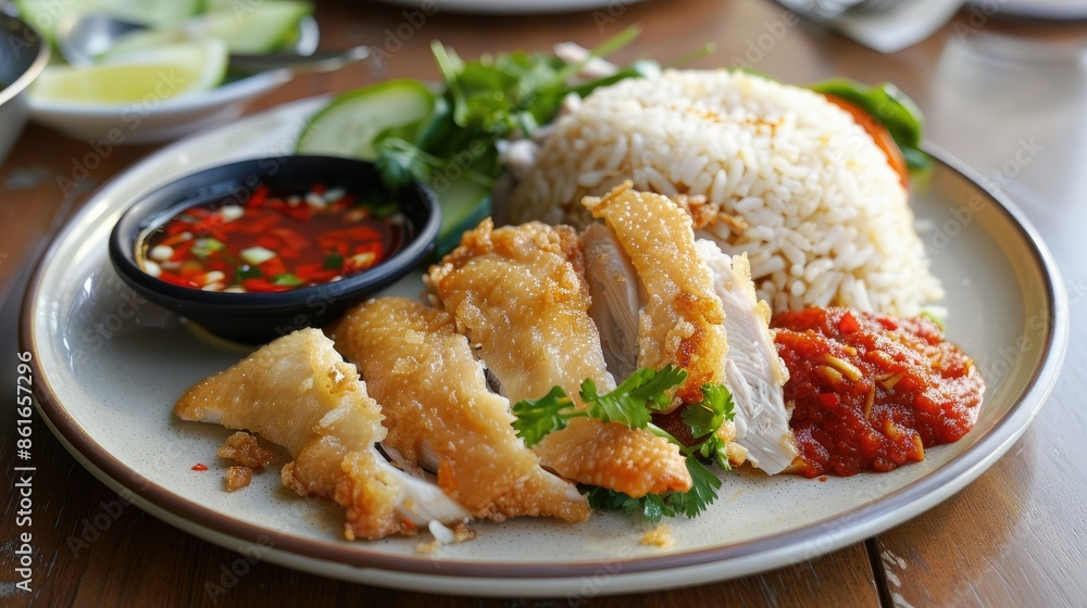 Plate of Hainanese chicken rice with golden fried chicken, aromatic rice, and chili sauce on the side Plate of Hainanese chicken rice with golden fried chicken, aromatic rice, and chili sauce on the side