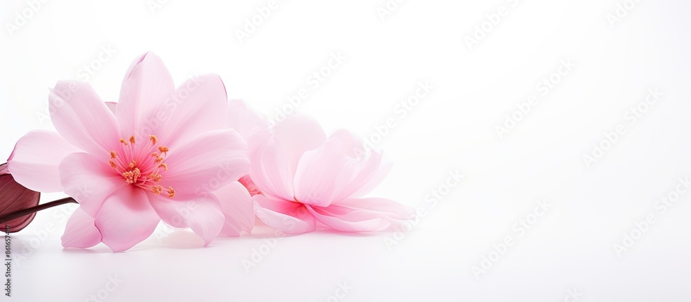 White background with a pink spa flower providing copy space image. White background with a pink spa flower providing copy space image.