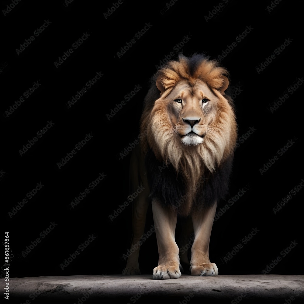 Obraz premium A majestic male lion with a full mane standing on a dark background