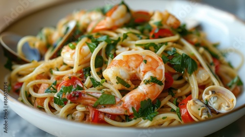 Seafood drunken spaghetti with vibrant shrimp, squid, clams, and fresh herbs