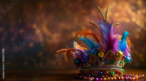 An ornate mask adorned with colorful feathers, intricate beadworks, and sparkling gems, set against a rich, textured background, embodying festive elegance. photo