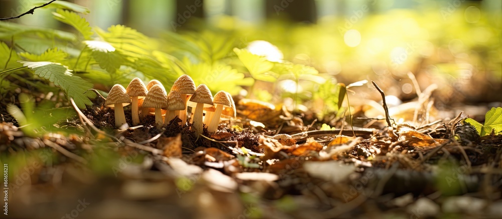 Foraging for wild food: edible morel fungi growing on forest ground with copy space image. Foraging for wild food: edible morel fungi growing on forest ground with copy space image.