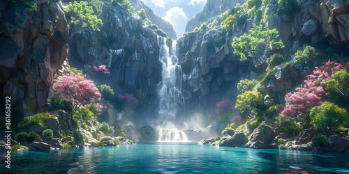 Wallpaper Mural A Beautiful Waterfall Flowing into a Clear Pool Amidst Rocky Cliffs and Verdant Foliage Torontodigital.ca