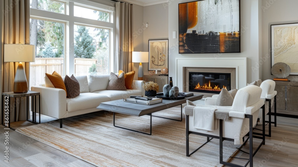 Stylish living room interior with a fireplace, modern decor, and elegant touches Stylish living room interior with a fireplace, modern decor, and elegant touches
