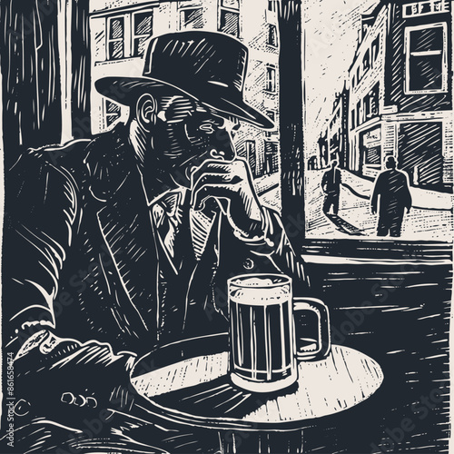 A man in a fedora hat sits in a pub with a mug of beer, vector illustration
