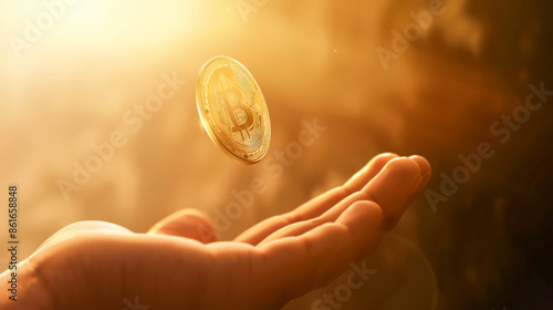 A gleaming golden Bitcoin coin hovers above an outstretched hand, illuminated by warm, golden light.