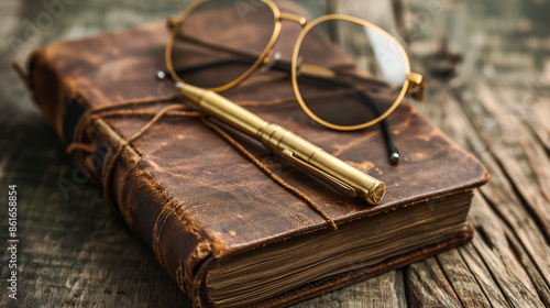 Livro vintage com capa de couro, caneta dourada e óculos redondos sobre uma mesa de madeira. © vitor