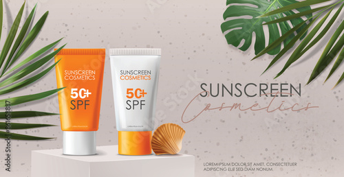 Realistic sunscreen bottle cosmetics set, tropical design, SPF cosmetics vector, packaging mockup, 3d scene background