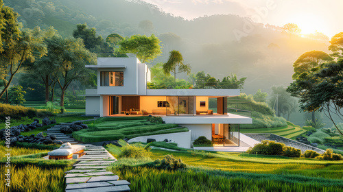 Modern-style white house with large glass windows, set amidst lush greenery and terraced gardens, bathed in warm sunset light.