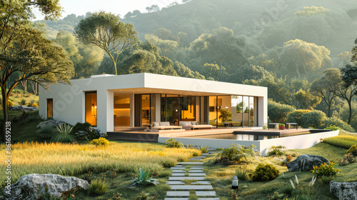 Modern-style white house with large glass windows, set amidst lush greenery and terraced gardens, bathed in warm sunset light. This luxurious home blends contemporary architecture.