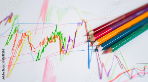A vibrant multi-colored stock performance graph drawn with colored pencils on white paper. The image captures the dynamic and creative approach to financial data representation.
