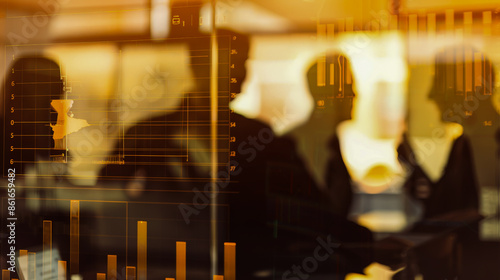 Wide-angle view of a group of investors silhouetted against a digital screen displaying financial graphs and charts. The warm, golden lighting enhances the dynamic and collaborative atmosphere.