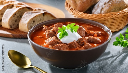 Hungarian goulash, rich in paprika and tender beef, served with a dollop of sour cream and fresh herbs.