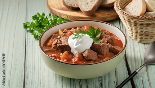 Hungarian goulash, rich in paprika and tender beef, served with a dollop of sour cream and fresh herbs.