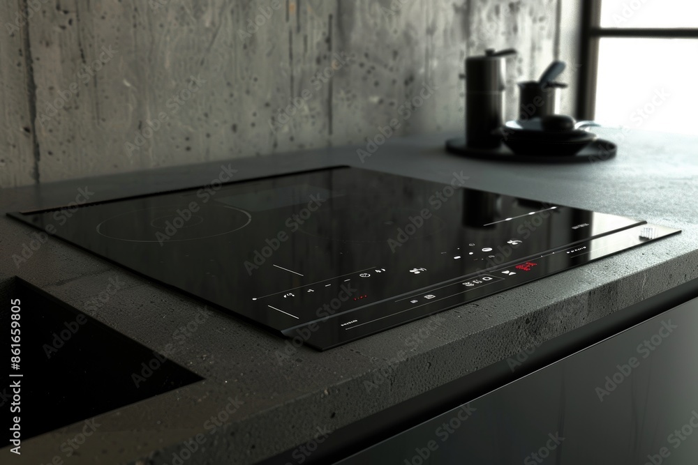A black stove top sitting on a kitchen counter A black stove top sitting on a kitchen counter