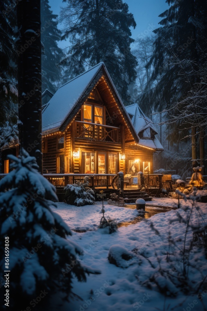 A cozy cabin with a chimney and a fireplace. The cabin is surrounded by trees and snow A cozy cabin with a chimney and a fireplace. The cabin is surrounded by trees and snow