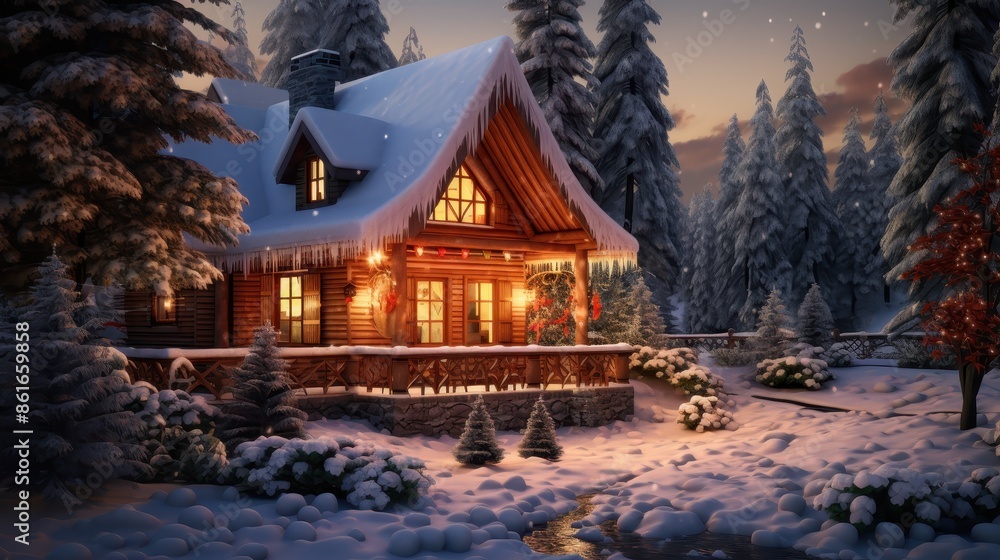 Fototapeta premium A cozy cabin with a chimney and a fireplace. The cabin is surrounded by trees and snow