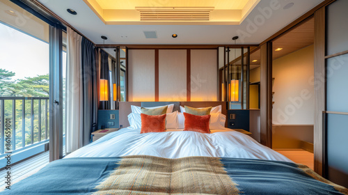 Wide-angle view of a luxurious Japanese modern-style hotel room featuring a neatly made bed with plush pillows and a cozy blanket. The room is elegantly decorated with warm lighting, wooden.