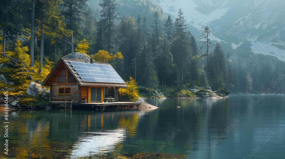 Fototapeta premium Serene Lakeside Cabin with Solar Panels Providing Renewable Energy in Picturesque Setting