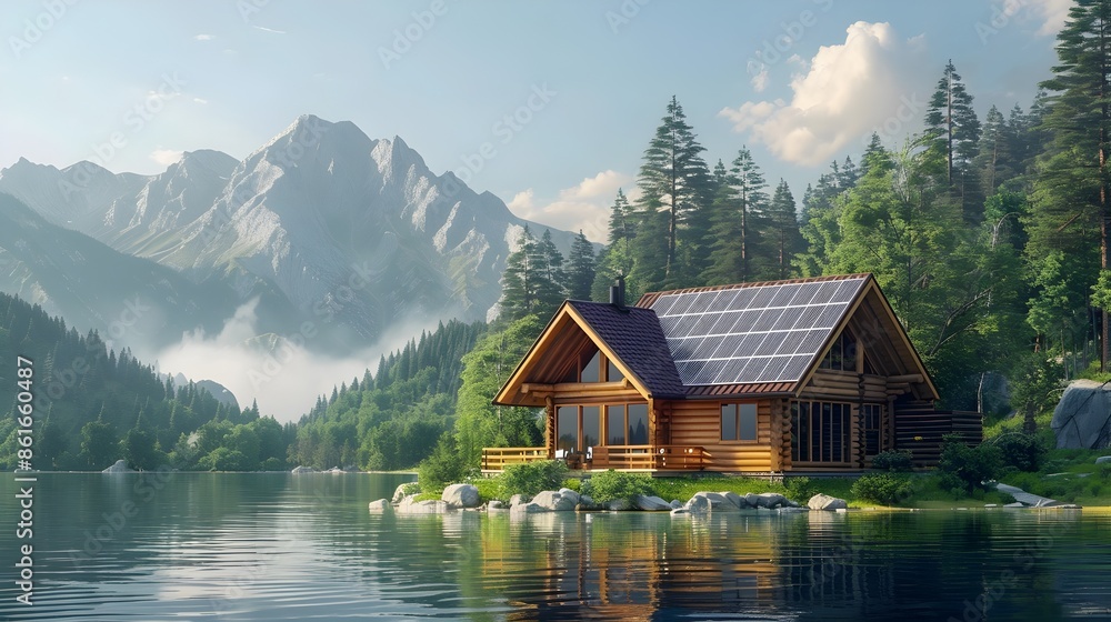 Rustic Lakeside Cabin with Solar Panels Offering Renewable Energy in Picturesque Mountain Setting