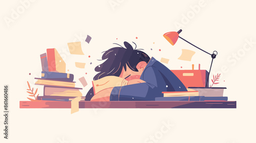 Fatigued student sleeping at the desk with books. 
