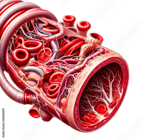 Anatomical vector illustration showing cross section of human blood vessel wall consisting of capillaries, blood cells, fatty layer and connective tissue on white background. photo